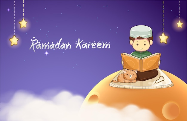 Cute Boy Sitting On The Moon and Reading Koran Vector Illustration. Ramadan Kareem Poster Design