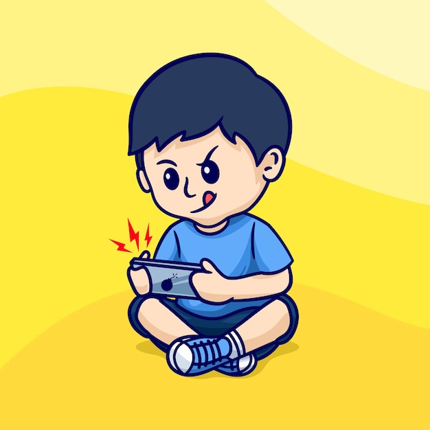 Cute boy sitting playing mobile game cartoon