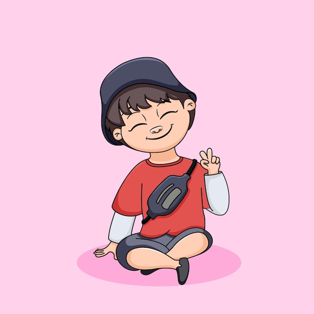 Cute boy sitting showing peace hands illustration