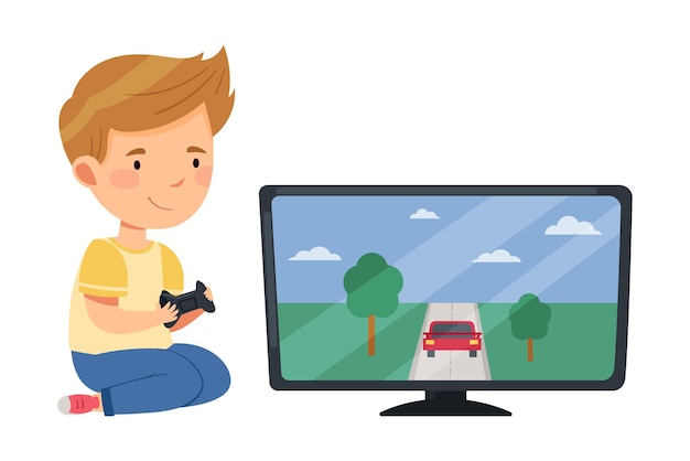 ゲームパッドを持って床に座ってビデオゲームのベクトルイラストをプレイしている可愛い男の子