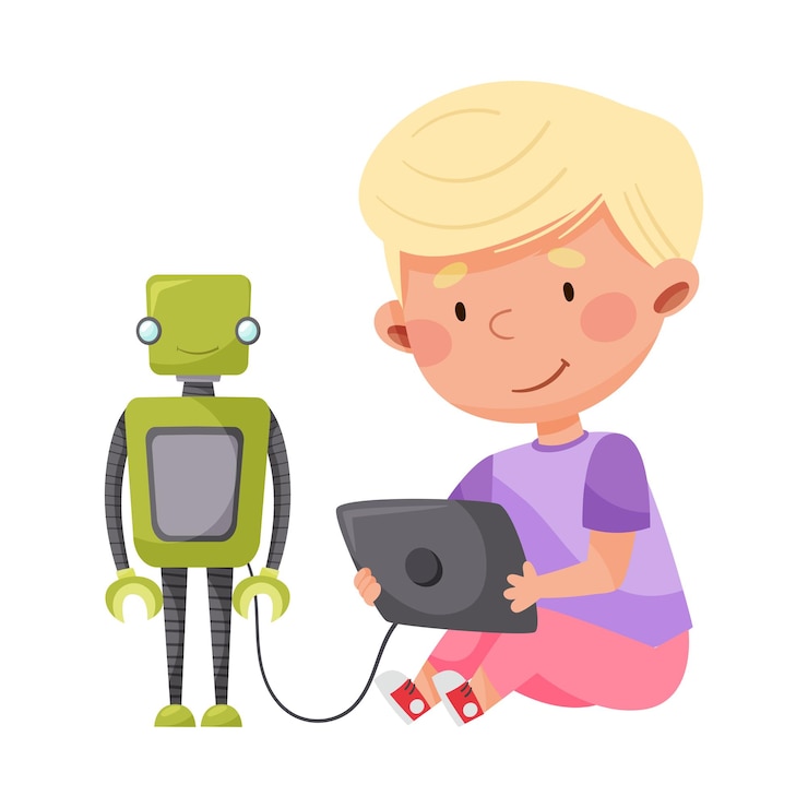 Vector cute boy sitting with tablet pc and configurating robot vector illustration