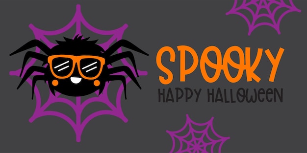 Vettore ragazzo carino ragno con occhiali arancioni - halloween disegnato a mano su t-shirt design, biglietto di auguri o poster design sfondo illustrazione vettoriale.