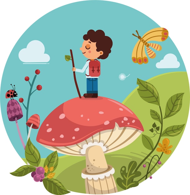 Милый мальчик, стоящий на большом грибе в атмосфере фэнтези векторные иллюстрации