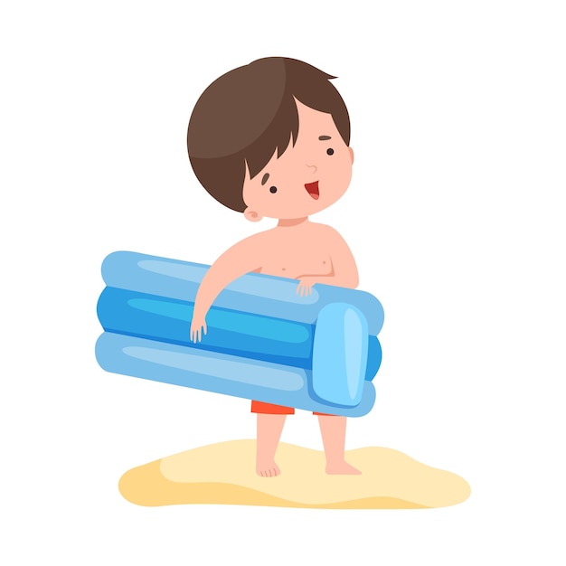 Cute Boy Standing with Inflatable Mattress Kids Summer Activities Adorable Child Having Fun on Beach on Holidays Cartoon Vector Illustration