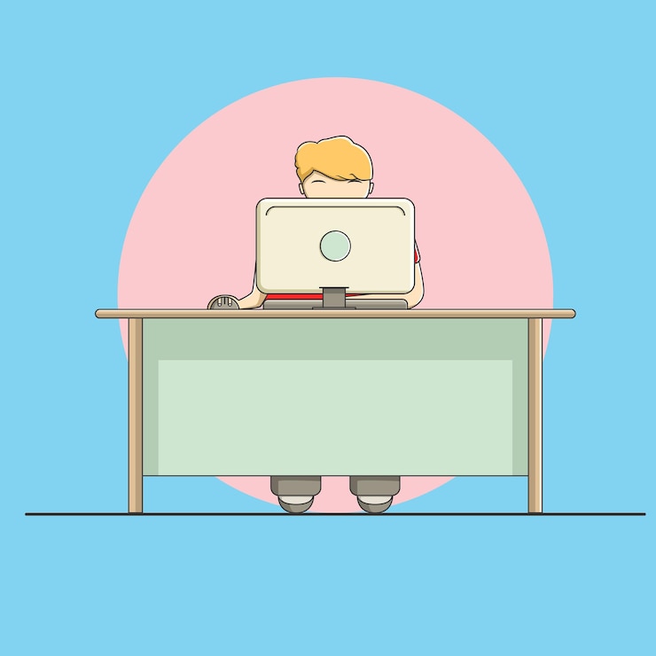 Vector cute boy study with laptop cartoon icon illustration