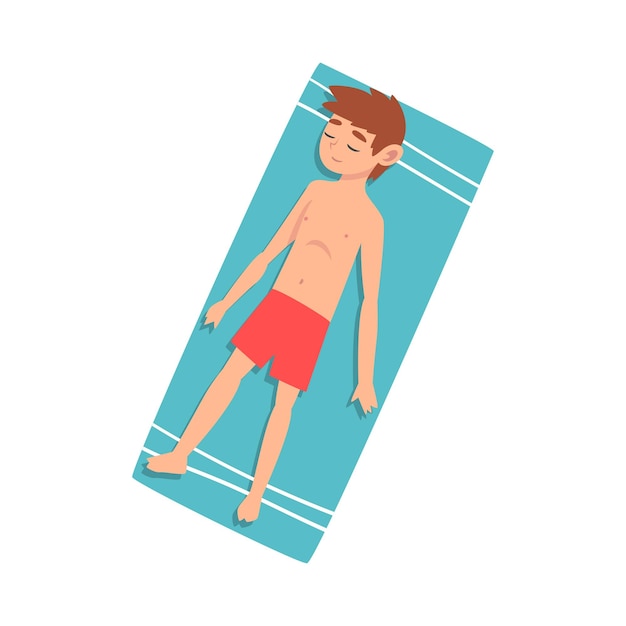 Cute Boy Sunbathing on Beach Towel Top View Boy Enjoying Summer Vacation Vector Illustration on White Background