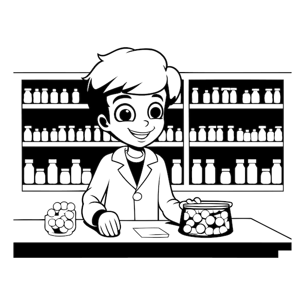 Cute boy in the supermarket black and white vector illustration