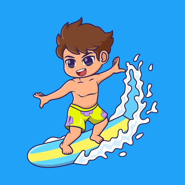 Vettore ragazzo carino surf cartoon icona vettore illustrazione icona sport concetto isolato