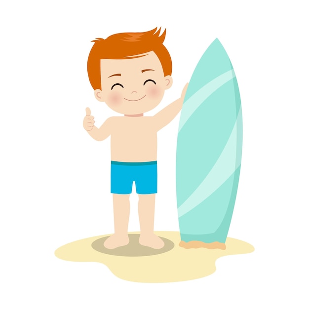 Vector cute boy in swimsuit pose with a surfboard