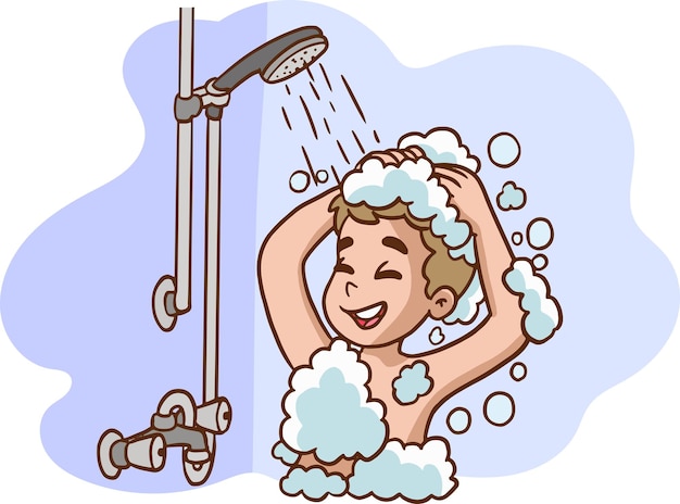 Vector cute boy taking a bath.little child boy character take a shower. daily routine. bathroom interior ba