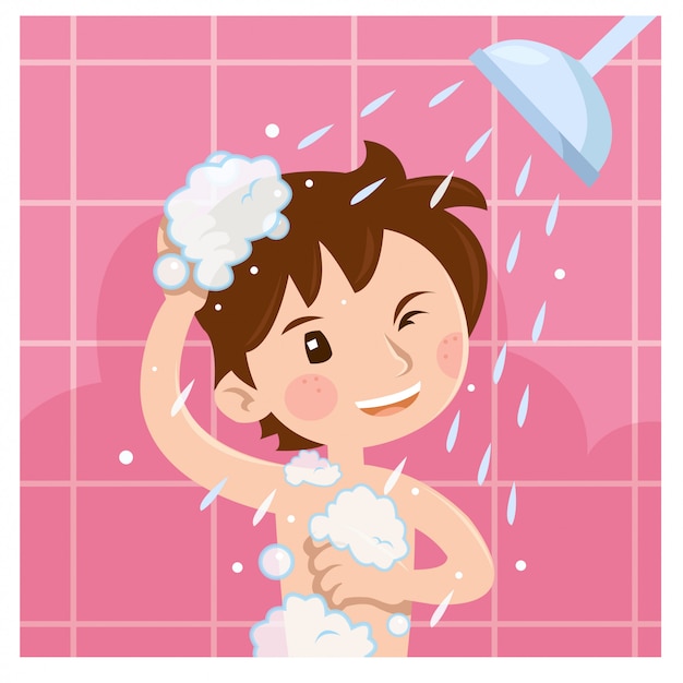 Vector cute boy taking shower in bathroom in the morning