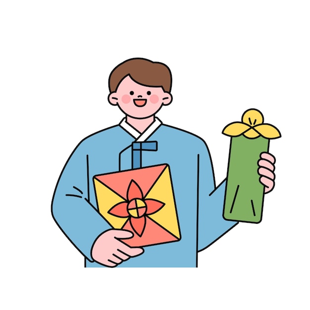 A cute boy in a traditional Korean costume is holding a traditionally wrapped gift