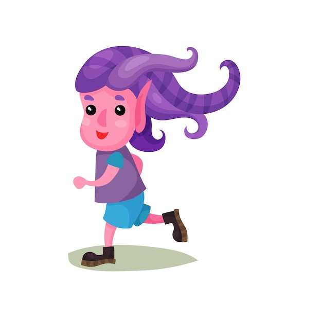 Милый мальчик-тролль с фиолетовыми волосами и розовой кожей смешной сказочный персонаж векторные иллюстрации на белом фоне