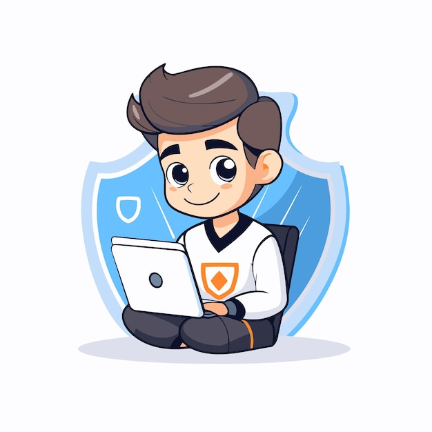 Cute boy using laptop computer Vector flat cartoon character illustration