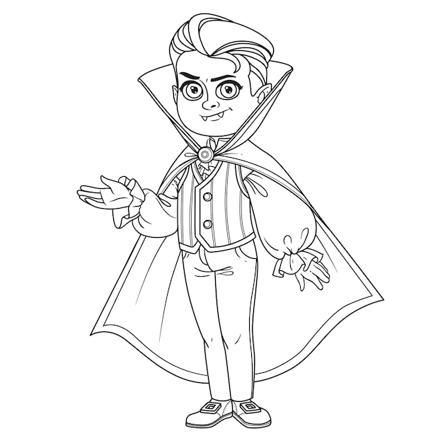 Cute boy in vampire costume outlined for coloring page