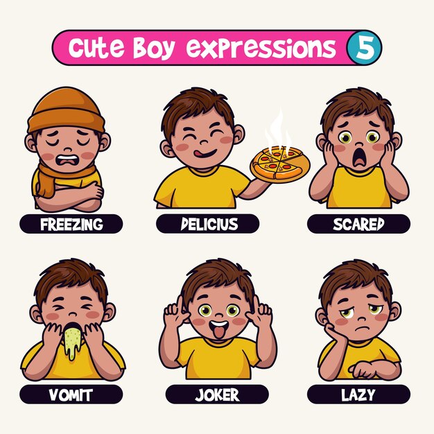 Vector cute boy in various expressions cartoon vector icon illustration emotes element collection