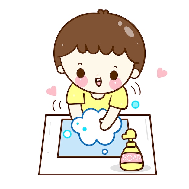 Cute boy washing hands kid with soap cartoon