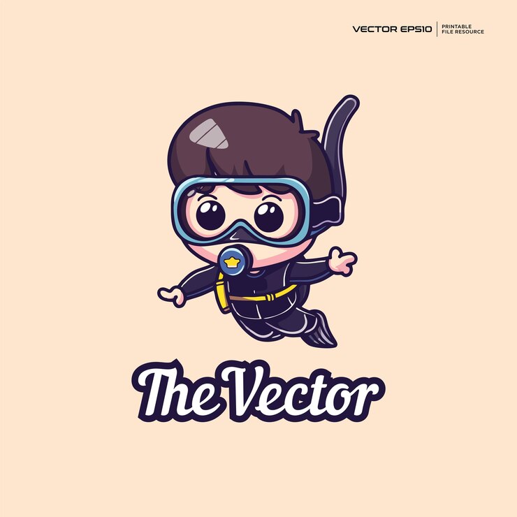 Vector 다이빙 의상을 입은 귀여운 소년 터 로고 캐릭터 만화 일러스트레이션 eps10