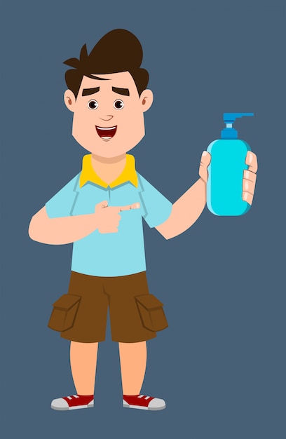 Vector cute boy wearing face mask and showing alcohol gel bottle. covid-19 or coronavirus concept illustration