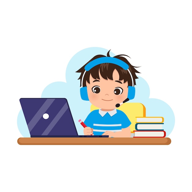 Vector cute boy wearing headphones learning at home with his laptop