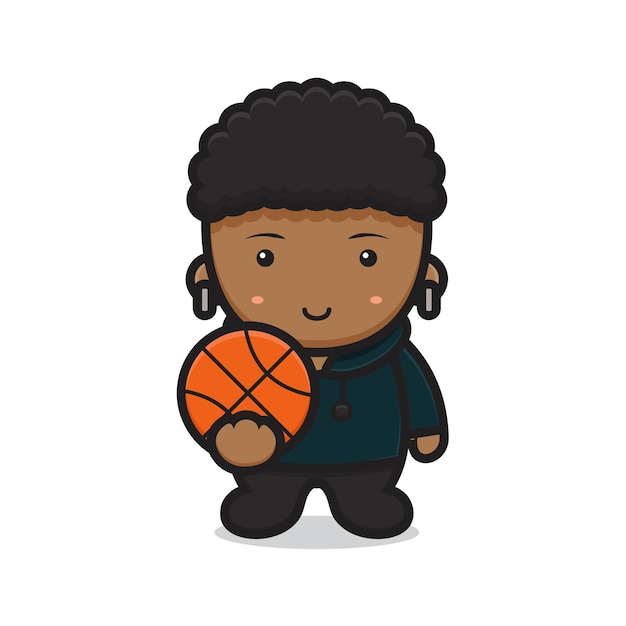 Милый мальчик в толстовке с капюшоном, держа баскетбольный мяч.