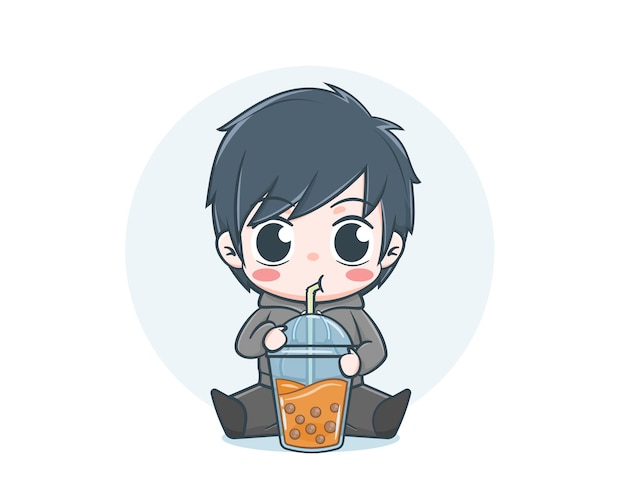 Cute boy wearing hoodie with drinking bubble tea cartoon illustration