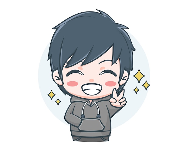 Cute boy wearing hoodie with peace sign cartoon illustration