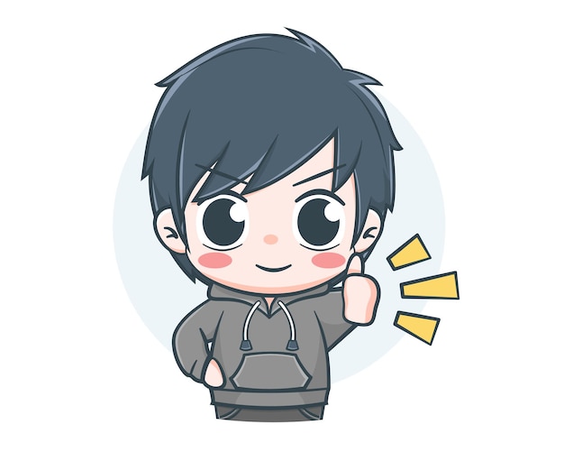 Cute boy wearing hoodie with thumb up cartoon illustration