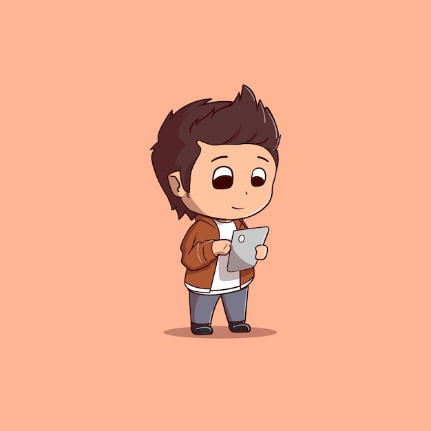 cute boy wearing a jacket learning with tablet