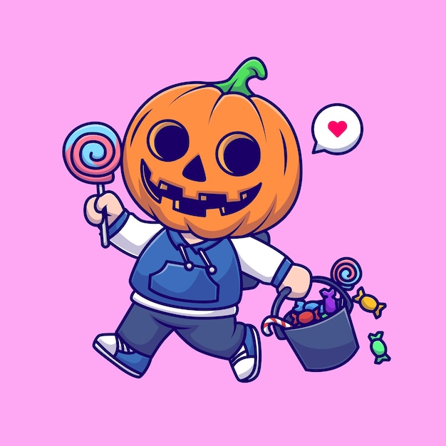 Vector cute boy wearing pumpkin halloween with candy cartoon vector icon illustration. people holiday icon