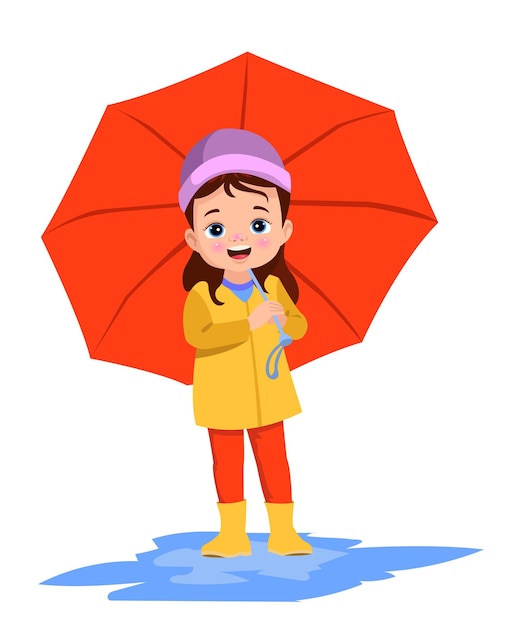 Vector cute boy wearing a raincoat holding an umbrella