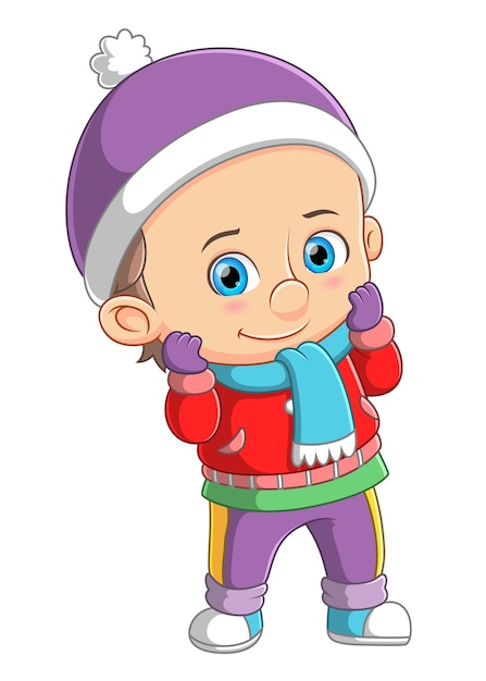 Cute boy Wearing red Winter Coat and purple Hat