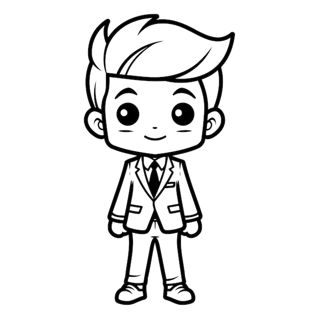 Cute Boy Wearing Suit Black and White Cartoon Illustration