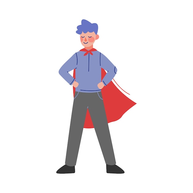 Милый мальчик в супергерое Кейп Бой стоит с руками на талии Векторная иллюстрация