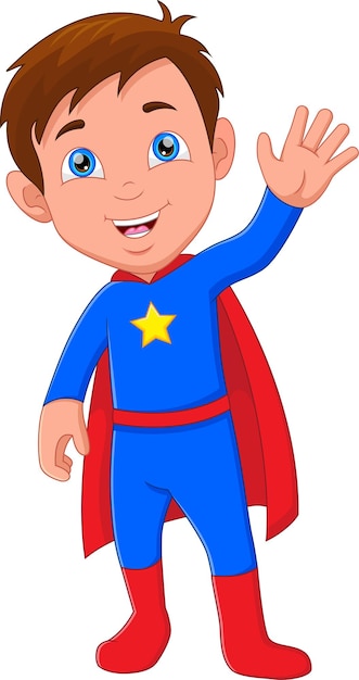 Vector cute boy wearing superhero costume and waving