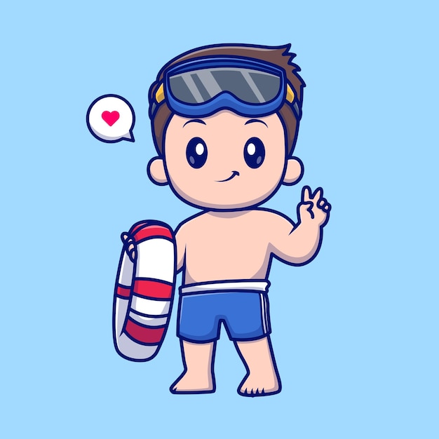 Cute boy wearing swimsuit with swimming tires cartoon vector icon illustration. people holiday icon