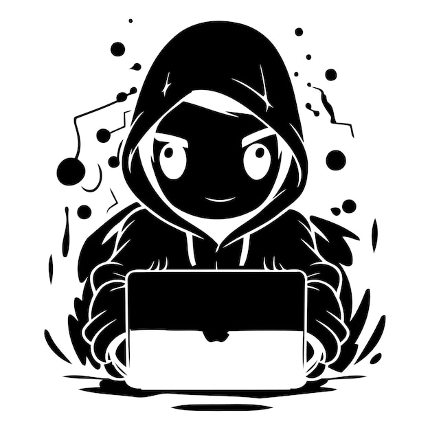 Vector cute boy in a white hood with a laptop vector illustration