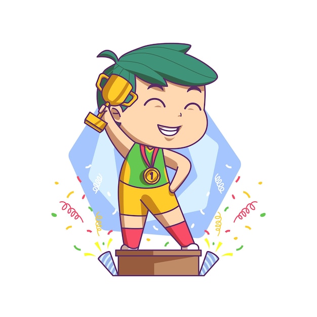 Vector cute boy wins competition get trophy illustration