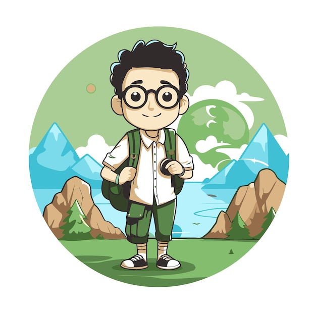 Vector cute boy with backpack in the mountains vector illustration in cartoon style