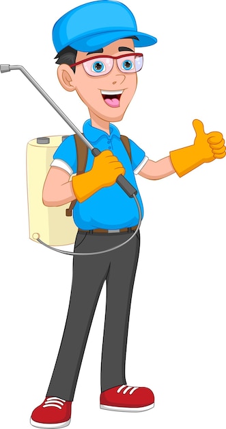 cute boy with backpack sprayer thumbs up