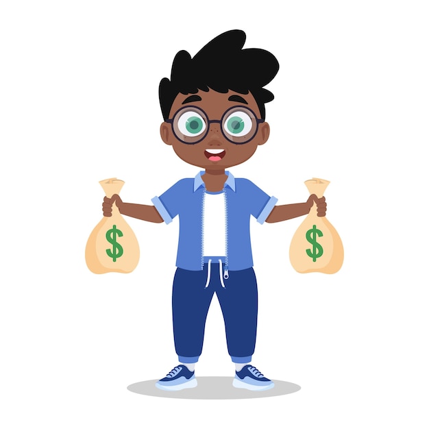 Vector cute boy with bags of money