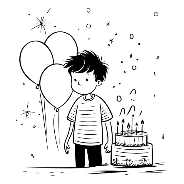 Vettore ragazzo carino con torta di compleanno e palloncini illustrazione disegnata a mano vettoriale