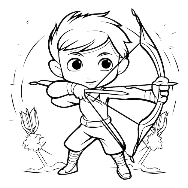 Cute boy with bow and arrow black and white vector illustration