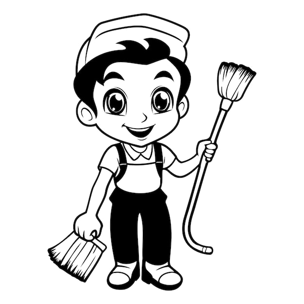 Cute boy with a broom in his hand Vector illustration