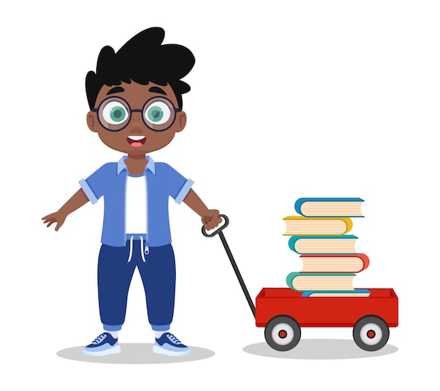 Cute boy with cart of books