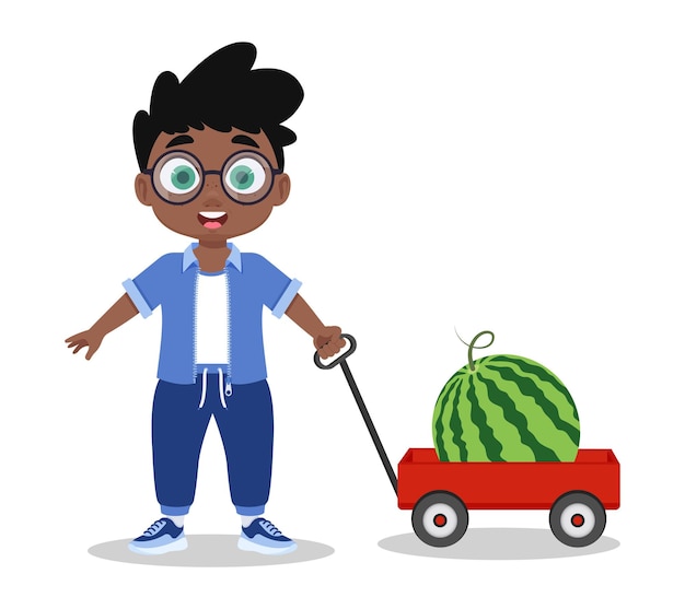 Cute boy with cart and watermelon