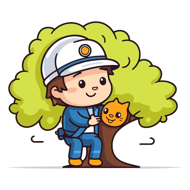 Cute boy with cat and tree Cute cartoon illustration