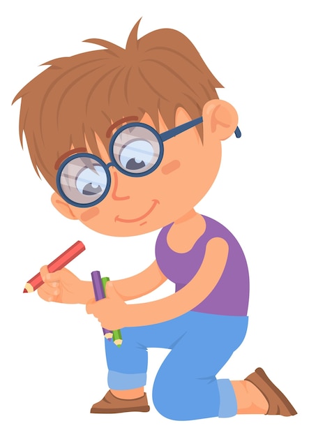 Cute boy with color pencils creative cartoon kid