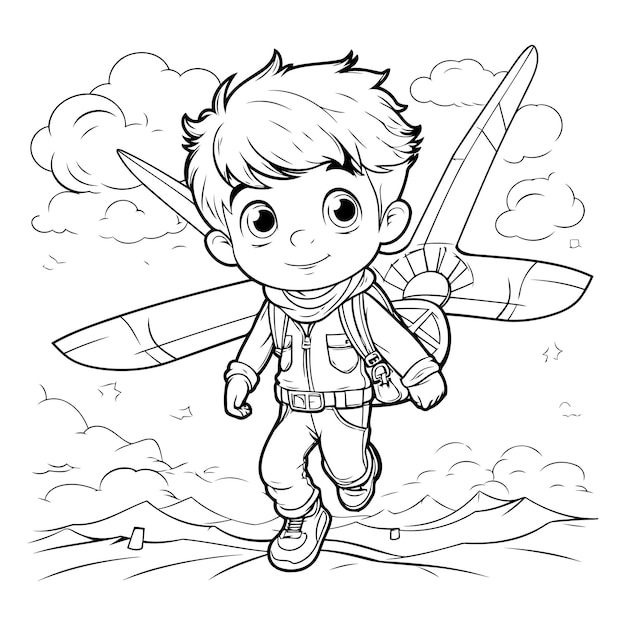 Cute boy with a flying plane for coloring book