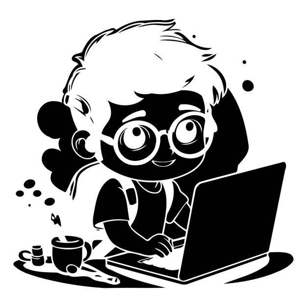 Vector cute boy with glasses and laptop vector illustration isolated on dark background